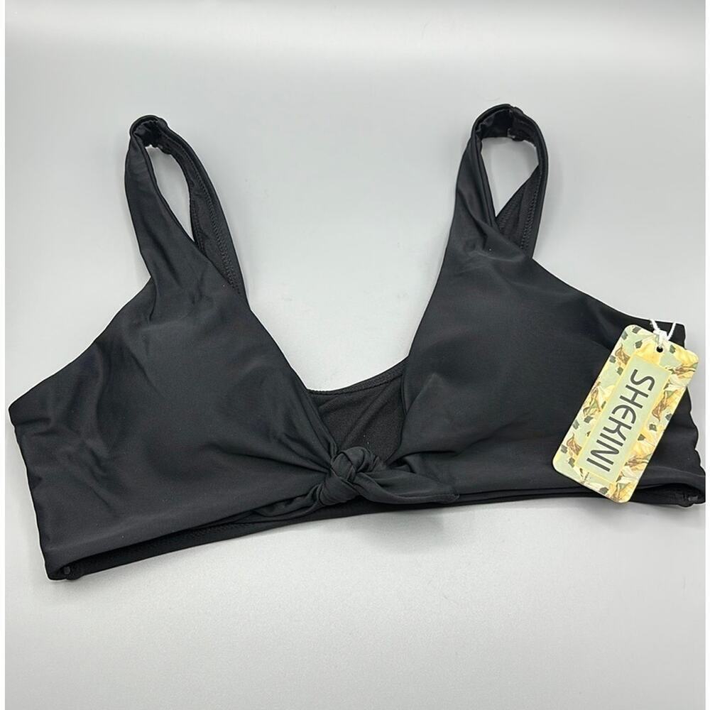 Shekini Black Tie Front Bikini Top V-Neck Medium NWT Ribbed Vacation Boho